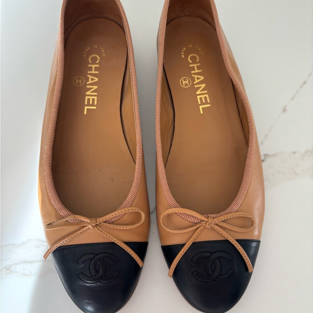 Chanel Tan and Black Women's Ballet Flats